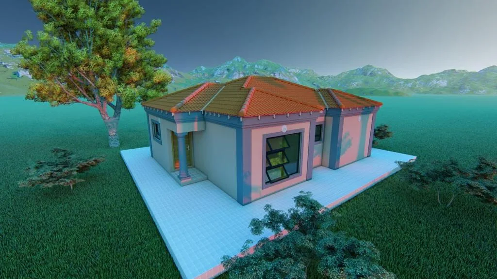 An artistic rendering of a house that is coloured blue and is in a picturesque setting