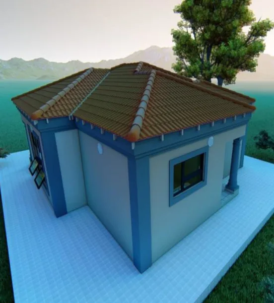 An artistic rendering of a house that is coloured blue and is in a picturesque setting